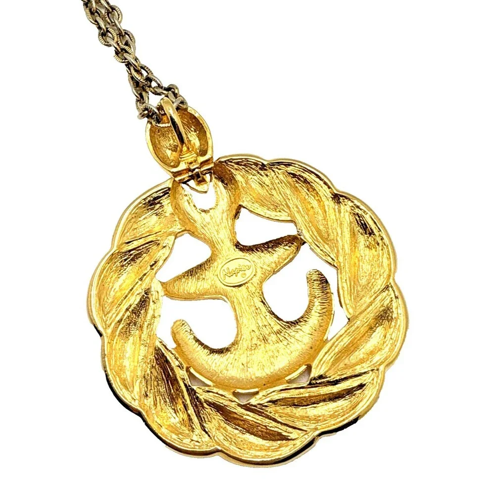 Vintage NAPIER Anchor Pendant Necklace Gold Tone Enamel Nautical Navy Signed 32
